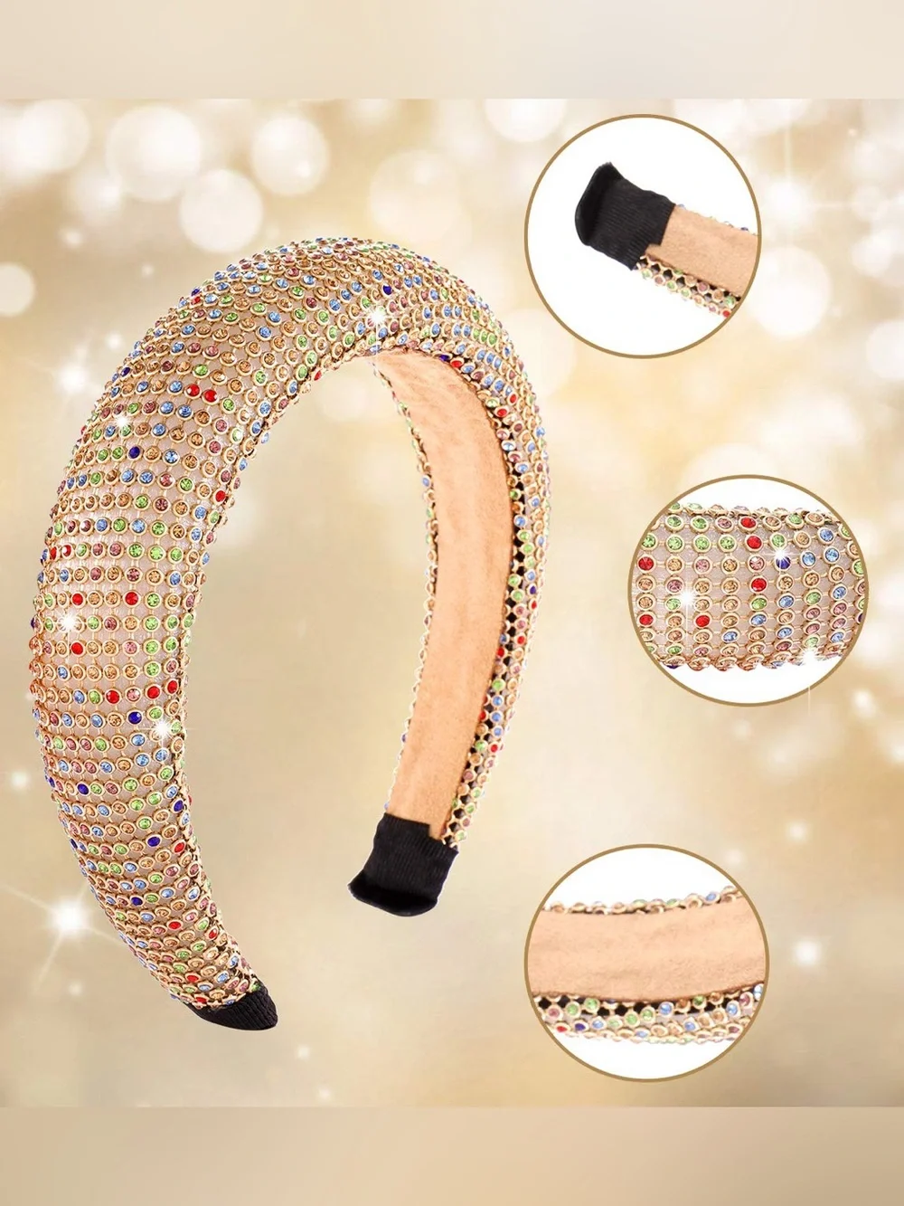 Chunky Beaded Multicolor and Gold Embellished Padded Headbands - Set of 2